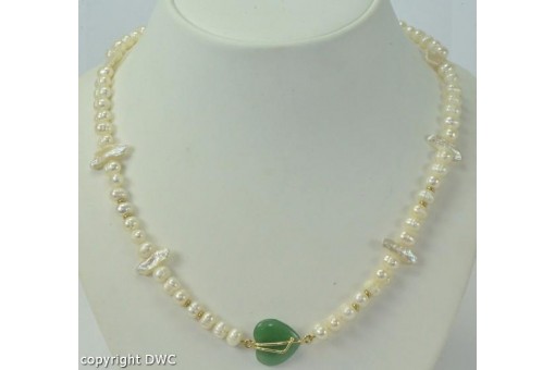 Perlencollier Perlenkette mit Jade Herz pearl necklace aus 925er Silber silver