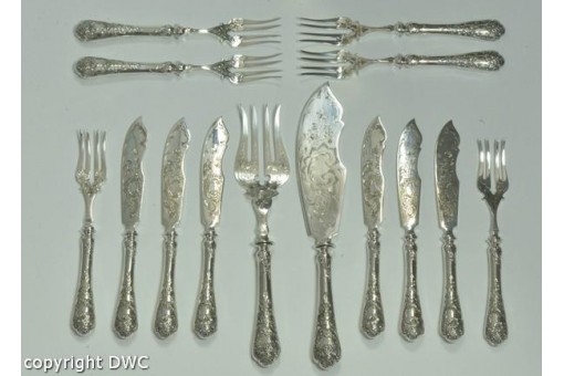 14 tlg. Fischbesteck in aus 800er Silber 6 Gabel 6 Messer 2 Vorleger Jugendstil 