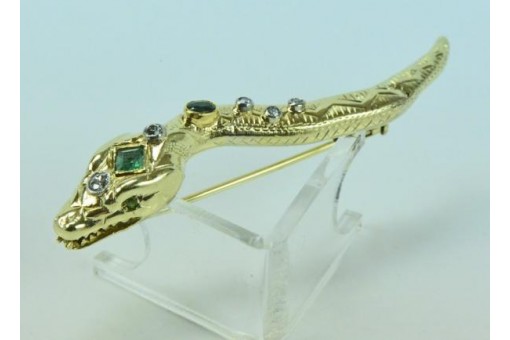Schlangenbrosche mit Smaragden und Diamanten 14 Kt. 585 Gold Emerald Diamonds