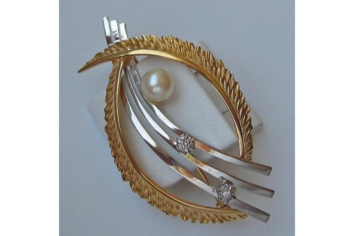 Brosche mit Perle und Diamanten diamonds in aus 14 Kt. 585 Gold brooch