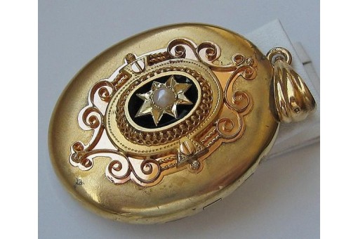 Anhänger Medaillon Österreich Biedermeier in 14 Kt. 585 Gold um 1850 Onyx Perle