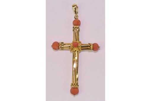 Clip Anhänger Kreuz Kruzifix mit Koralle in aus 14 Kt. 585 Gold antik