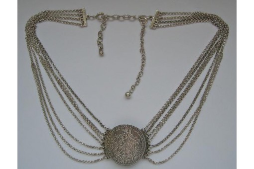 Collier Kropfkette 925 Silber 7 reihig mit Münze Taler Kreuzer 1766 Tracht