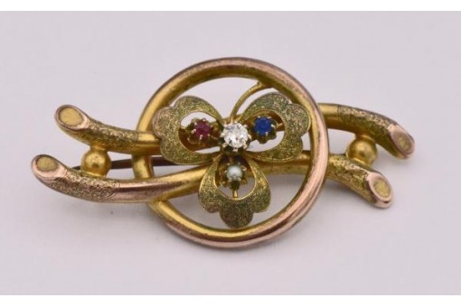 Brosche mir Rubin Safir Perle Altschliffdiamant 0,06 ct. vergoldet antik brooch