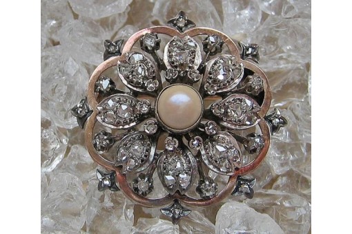 Brosche Nadel mit Diamantrosen  Perle Biedermeier brooch 18 Kt 750 er Gold antik