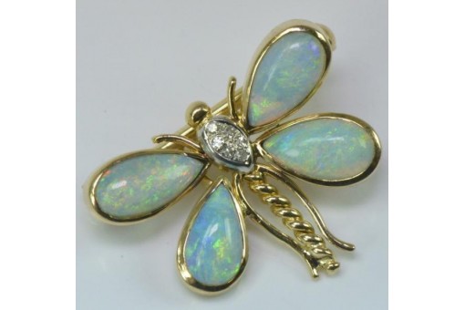 Brosche Nadel mit Opal Brillant in 18 kt 750  Gold Schmetterling Libelle Diamant