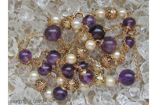 Hals Kette mit  Amethyste Amethyst Perlen Perle Gold 585 er 79 cm