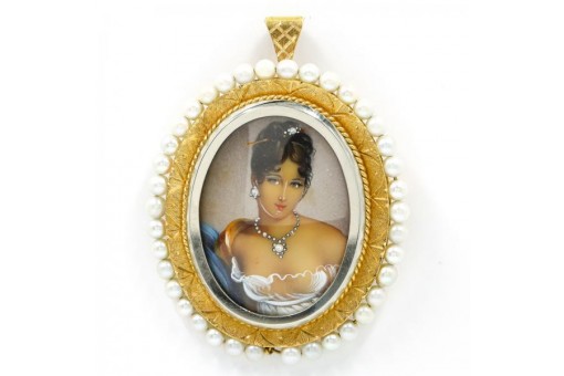 Anhänger mit Miniaturbild einer Dame und 39 Perlen in 18 Kt. 750 Gold
