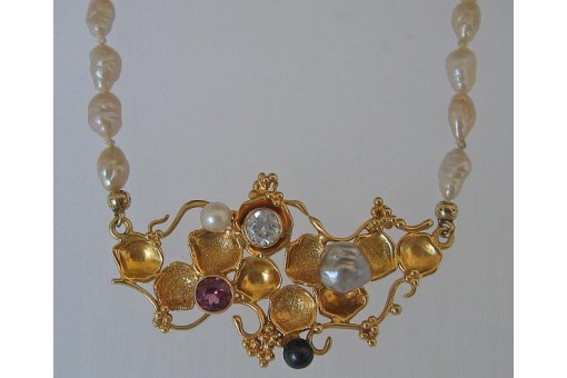 Perlencollier mit Perlen Amethyst und Kristall 14 Kt. 585 er Gold 39 cm