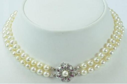 Perlencollier Kette mit Rubinen ruby Schließe 14 Kt. 585 Gold necklace 38 cm 