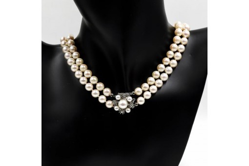 Collier Kette mit Perlen und Brillanten Schließe 14 Kt. 585 Gold 39 cm geknüpft