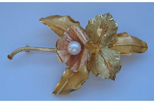 Ansteck Nadel Brosche mit Perle in aus 18 Kt. 750 er Gold Blume Perlen