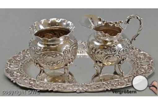 Milch Zucker Kännchen Set Tablett 800 er Silber Antik Jugendstil Dose Dosen 