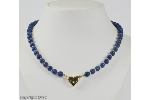 Collier Lapislazuli kette Lapislazuli Kugeln mit 14 Kt. 585 er Gold Herz 50 cm 