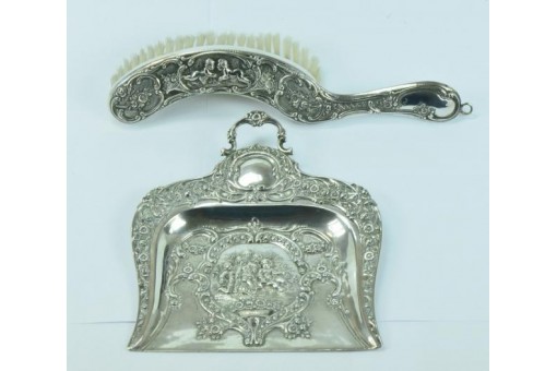 Kehrschaufel Besen Tischset in 800 er Silber Jugendstil Antik  1880 Handarbeit 
