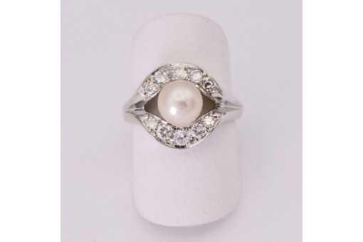 Ring mit Perle und 10 Diamanten Brillanten 0,60 ct. in 18 Kt. 750 Gold Gr. 53