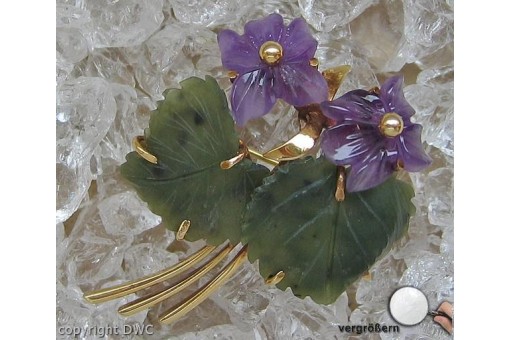 Ansteck Nadel Brosche aus in 14 Kt 585 er Gold mit Amethyst Blume Jade