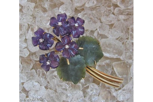 Ansteck Nadel Brosche mit Amethyst Diamanten Jade Blumen in 585 er Gold 
