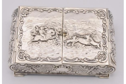 Dose Silberdose Truhe Etui in 835 Silber antik um 1900 Jagsszene silver box