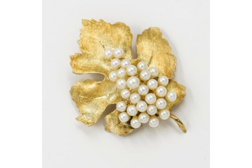 Brosche mit 28 Zuchtperlen Perlen Pearl Perl in 585 14Kt Gold Traubenblatt 
