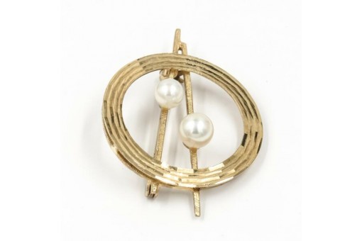 Brosche mit zwei Perlen in 333 8Kt Gelbgold Brooch Akoya Zuchtperlen Pearl