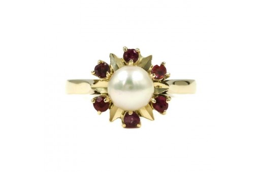 Ring mit Perle und Rubine Ruby Pearl in 585 14Kt Gold Damen Ringe Gr. 56