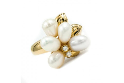 Ring mit Perlen und 2 Brillanten Diamanten 0,10 ct. in 18 Kt. 750 Gold Gr. 62