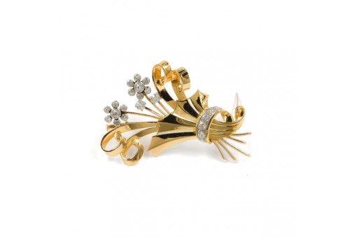 Brosche Nadel Blume Blüten mit Altschliffdiamanten in 18 Kt. 750 Gold antik