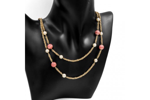 Kette Collier mit Rosenquarz und Perlen aus 585 14kt Gelbgold Pearl Länge 88 cm