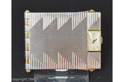 Silber Notizblock mit Uhr DGW Bein Art déco Unikat Gold 18 Kt. 750 Rubine