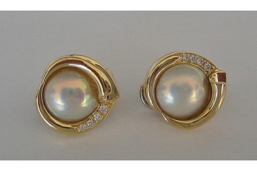 Ohrclips mit Stecker 14 Kt. 585 Gold Mabeperle Perle Brillanten Diamant 