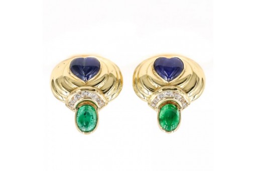 Ohrringe Ohrclips mit Saphir Smaragd Brillanten 0,50 ct 18 Kt 750 Gold 
