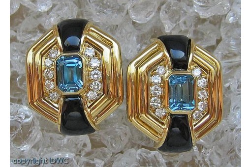 Ohr Ringe Clips mit Blautopas Brillanten Diamanten Onyx 18 Kt. 750 Gold 