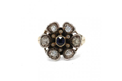 Ring mit Safir und Altschliffdiamanten in 14 Kt. 585 Gold antik Gr. 56