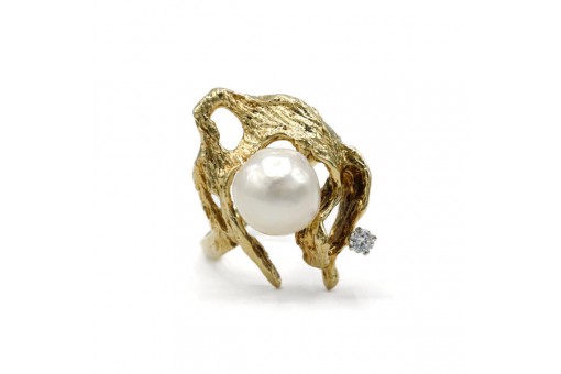 Ring mit Perle und Brillant Diamant 0,07 ct. in 14 Kt. 585 Gold Gr. 55