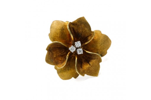 Brosche Nadel Blüte Blume in 14 Kt. 585 Gold mit 3 Brillanten 0,15 ct.