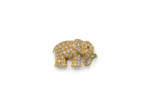 Brosche Anhänger Elefant mit 2 Smaragden und 40 Brillanten in 18 Kt. 750 Gold