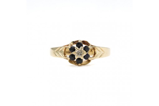Ring mit Safiren und Diamant England Birmingham um 1850 9Kt. 375 Gold Gr. 56