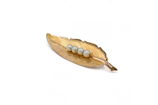 Brosche Nadel Blatt mit 4 Perlen in 18 Kt. 750 Gold brooch