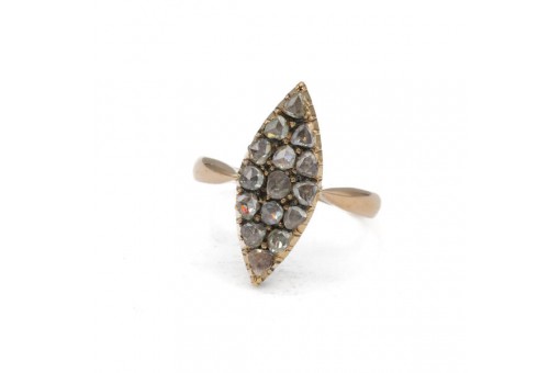 Ring Schiffchenring antik mit 15 Diamantrosen in 14 Kt. 585 Gold Gr. 56