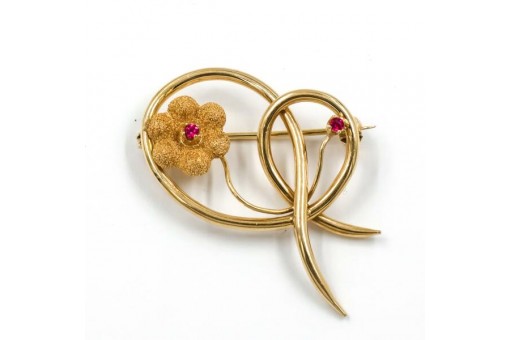 Brosche Nadel mit 2 Rubinen Blume in 18 Kt. 750 Gold brooch
