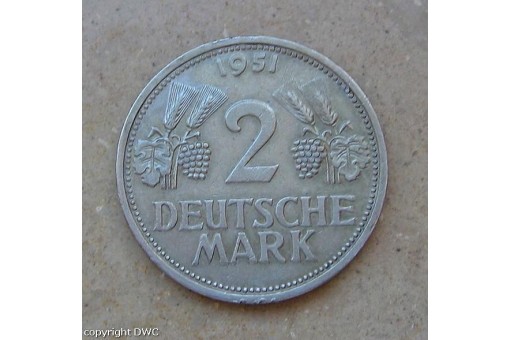 Coin Münze 2 Mark BRD 1951 G Trauben und Ähren J 386  Cu - Ni  Münzen 