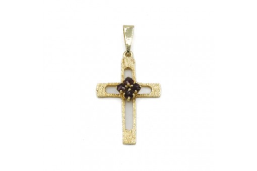 Anhänger Kreuz Kruzifix mit Granat Garnet  antik in 14 Kt. 585 Gold