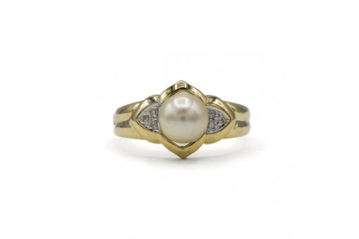 Ring mit Perle und 6 Diamanten 0,02 ct. in 14 Kt. 585 Gold Gr. 61