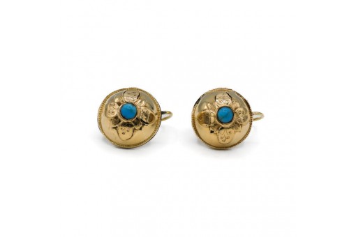 1 Paar Biedermeier Ohrringe mit Türkisen antik Bügel 585 & Schaumgold