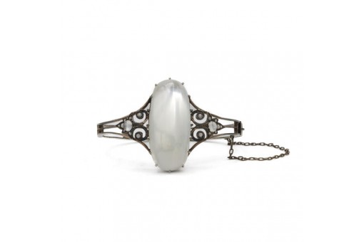 Armreif mit Mondsteinen und Perlen in 800 Silber Jugendstil antik