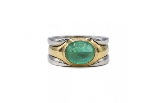 Ring mit Smaragd Cabochon in 18 Kt. 750 Gold und Platin Gr. 58