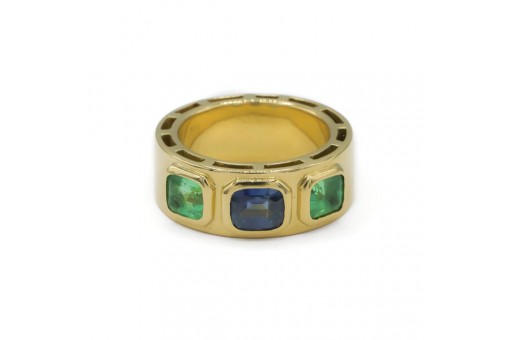 Ring Bandring mit Safir und 2 Smaragden in 18 Kt. 750 Gold Gr. 57