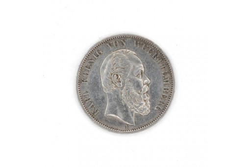 Silbermünze 5 Mark Kaiserreich Karl König von Württemberg 1875 F J. 173