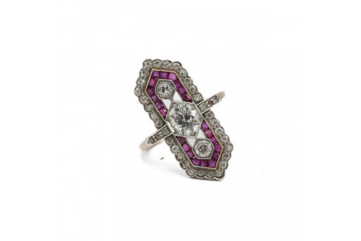 Art déco Ring mit Altschliff Diamanten 1,60 ct. und Rubinen in 585 Gold Gr. 50